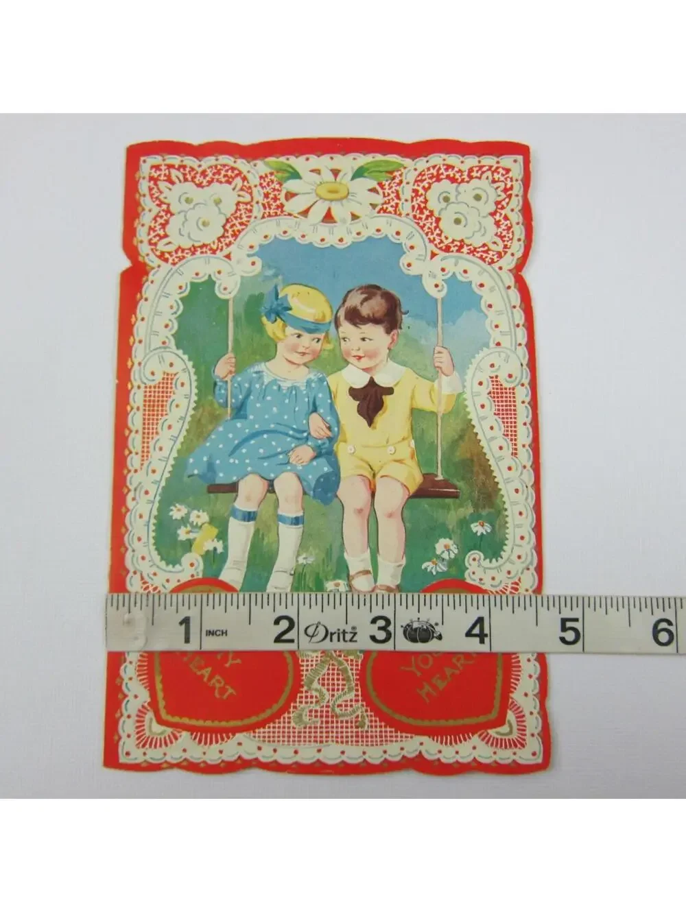 Antique Valentine Blonde Girl Blue Dress Boy Swing Daisy Flowers Die cut Bifold